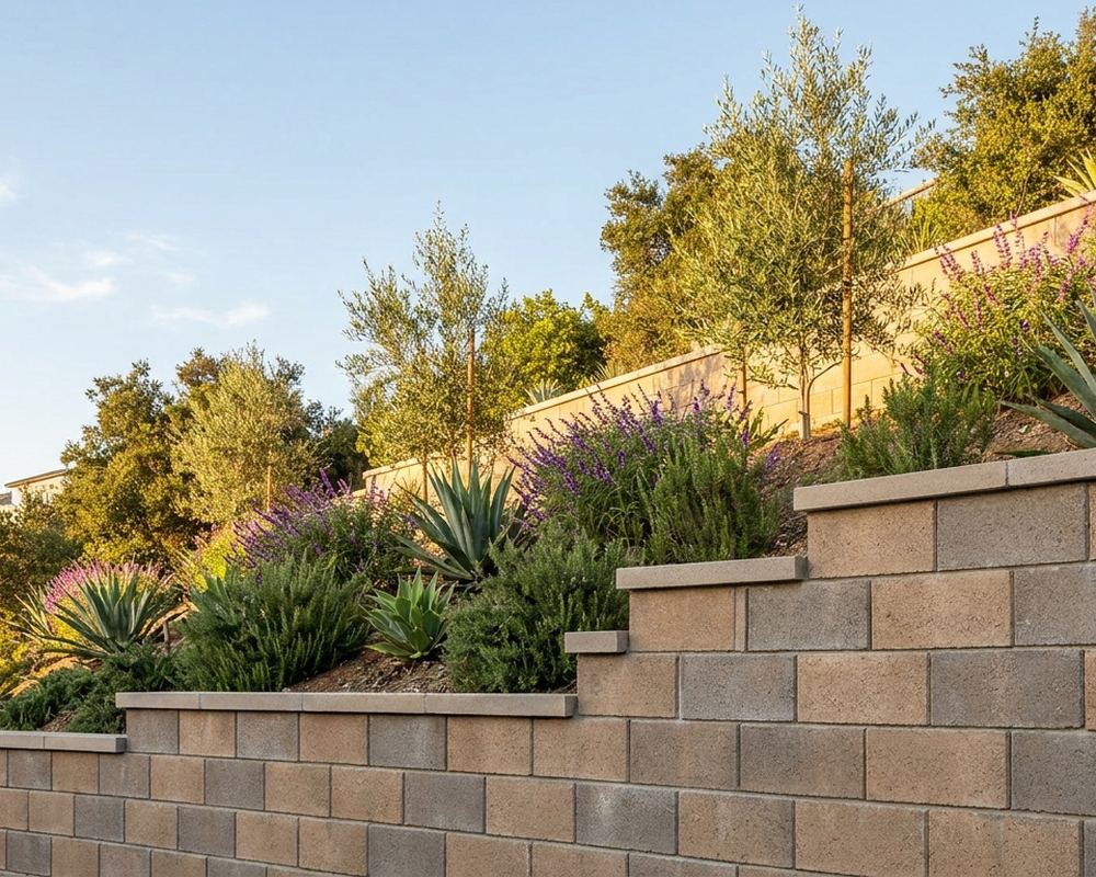 Segmental block retaining wall stepped back in tiers on a planted hillside — retaining wall installation in Beverly Hills