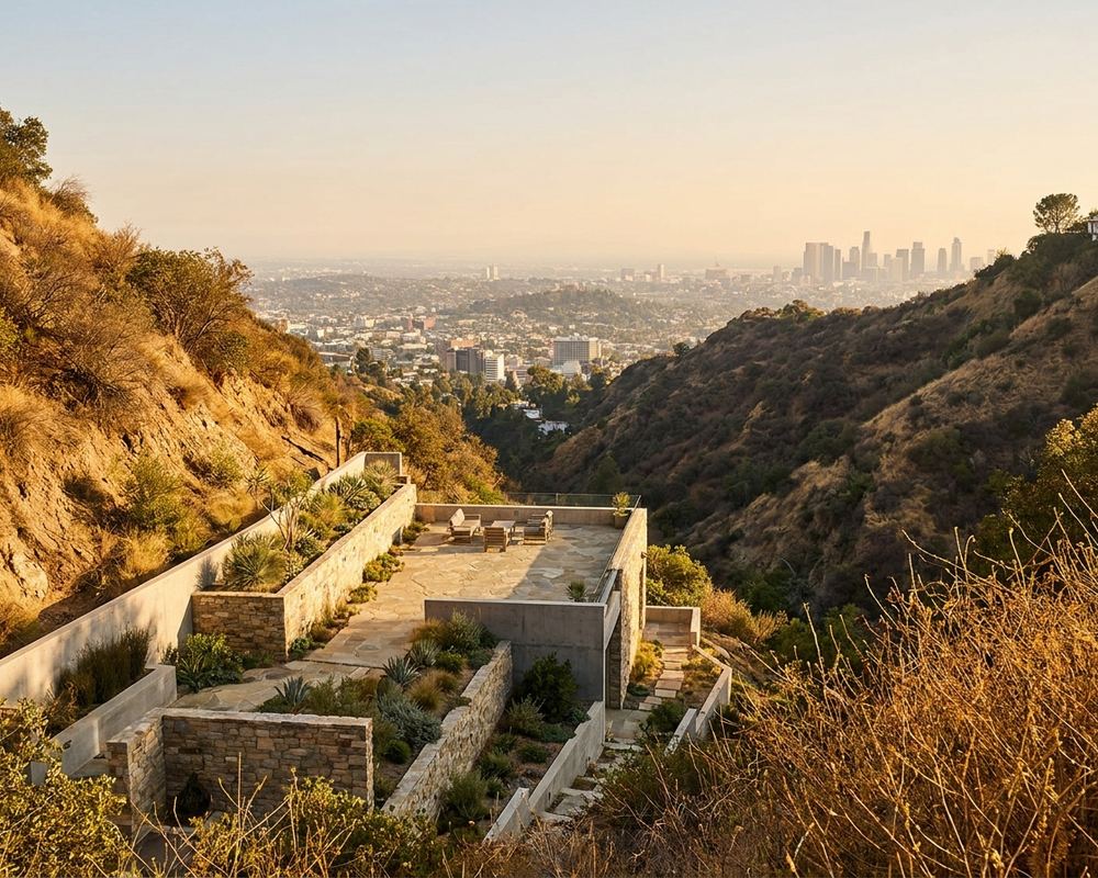 Tiered retaining walls stepping down a canyon-edge property above the Los Angeles basin — retaining wall installation in Brentwood