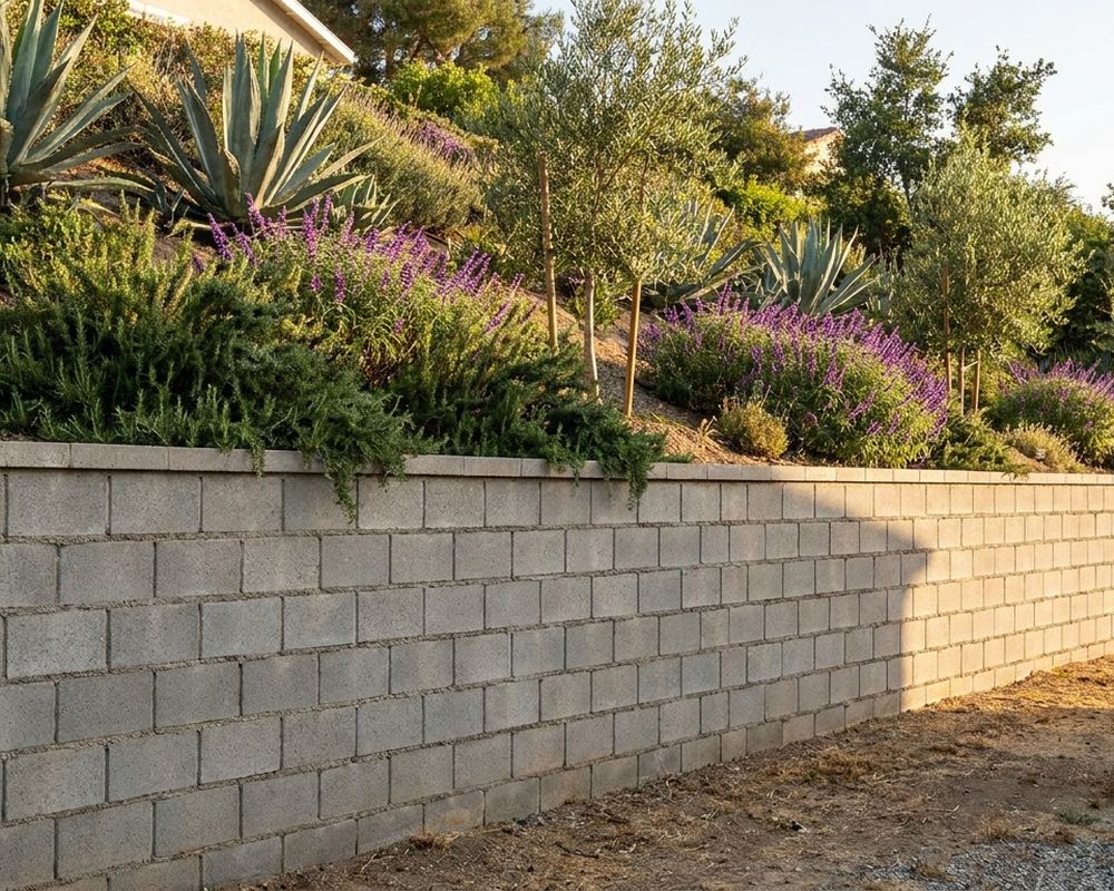 Mortared CMU block retaining wall with a capped top course holding a planted slope — retaining wall installation in Burbank