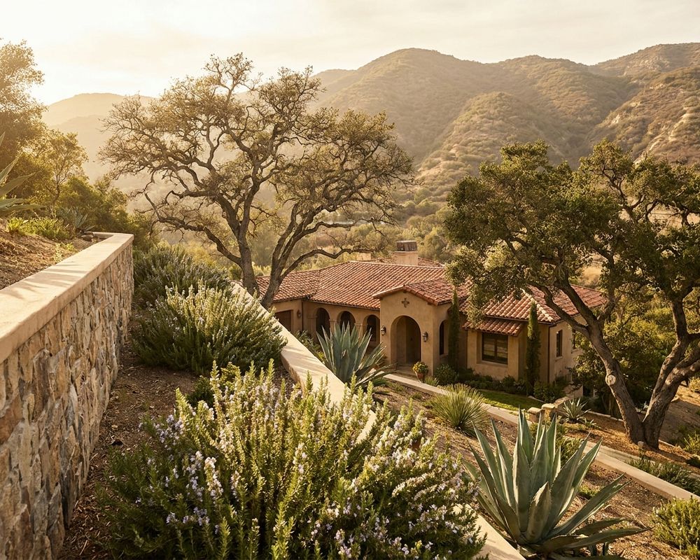 Stone-faced retaining wall terracing a planted slope below a Mediterranean-style Calabasas home among valley oaks — retaining wall installation in Calabasas