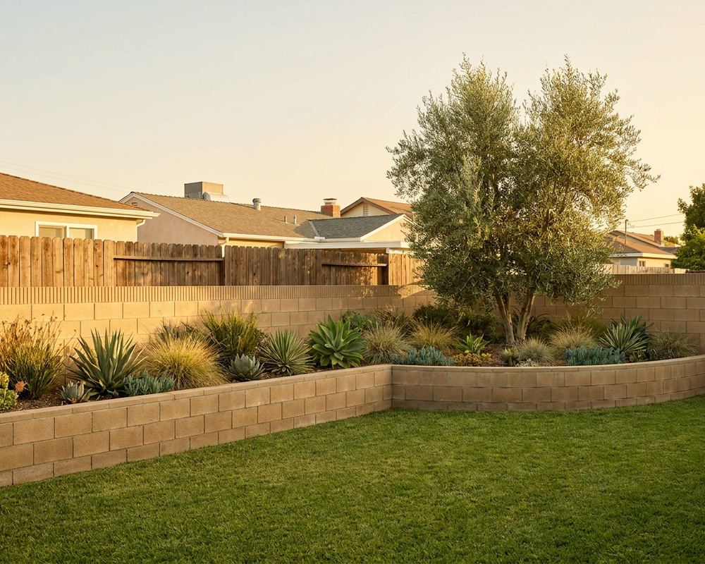 Low block retaining wall holding a raised planted bed beside a level lawn — retaining wall installation in Encino