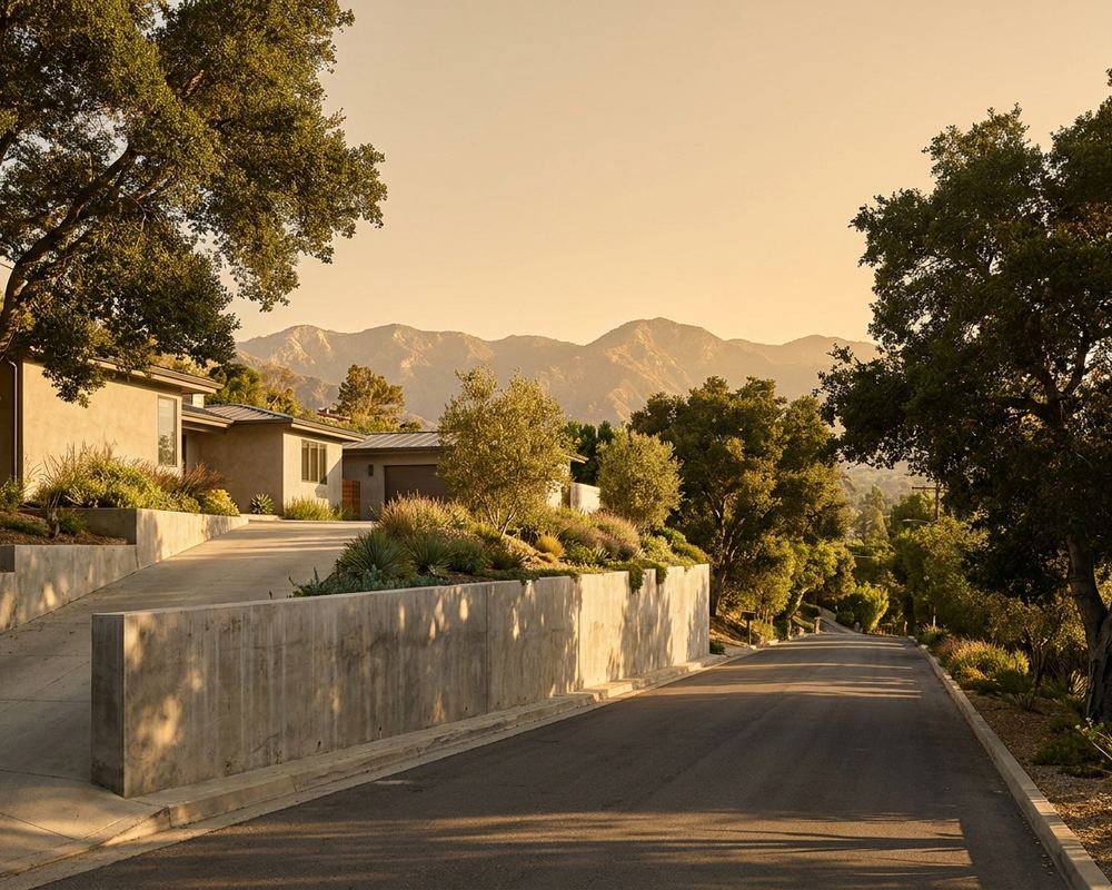 Tall concrete retaining wall supporting a raised driveway on a foothill street below the San Gabriels — retaining wall installation in Glendale