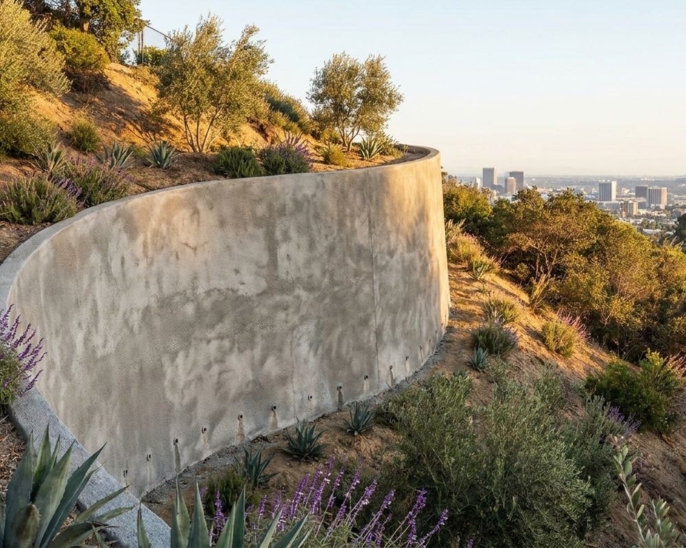 Curved shotcrete retaining wall following a steep canyon hillside — retaining wall installation in Hollywood Hills