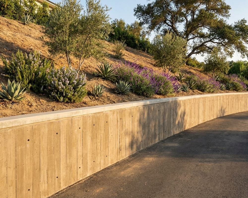 Board-formed concrete retaining wall curving along a driveway — retaining wall installation in La Cañada Flintridge
