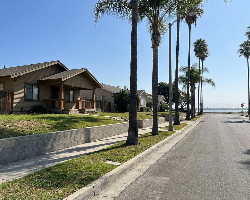 Low block retaining wall holding a slightly raised front lawn on a flat palm-lined Long Beach street — retaining wall installation in Long Beach