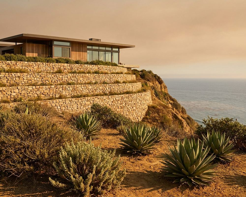 Dry-stacked stone retaining walls terracing a coastal bluff below a modern house — retaining wall installation in Malibu