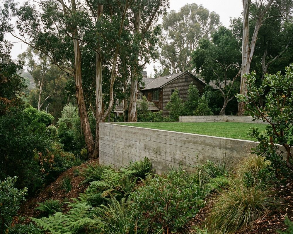 Board-formed concrete retaining wall holding a level lawn above a shaded eucalyptus canyon in Pacific Palisades — retaining wall installation in Pacific Palisades