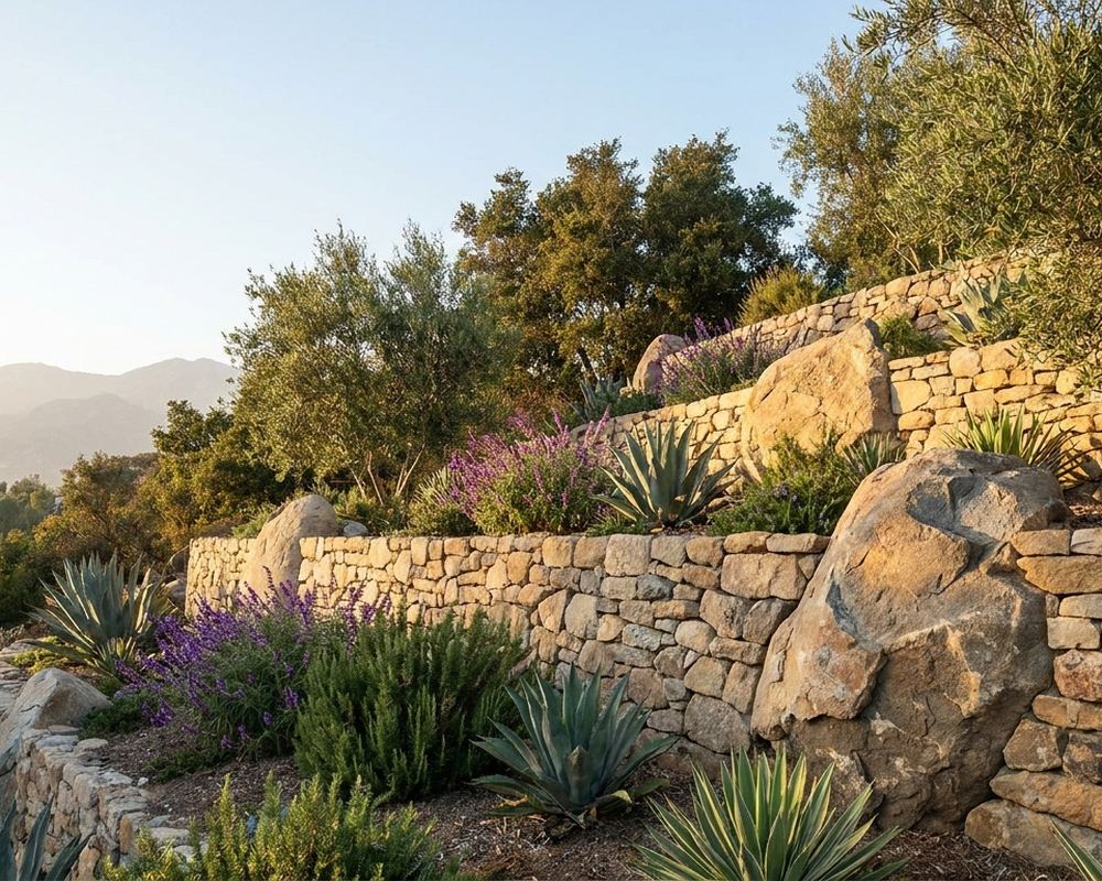 Dry-stacked stone retaining wall with placed boulders terracing a hillside lot — retaining wall installation in Pasadena