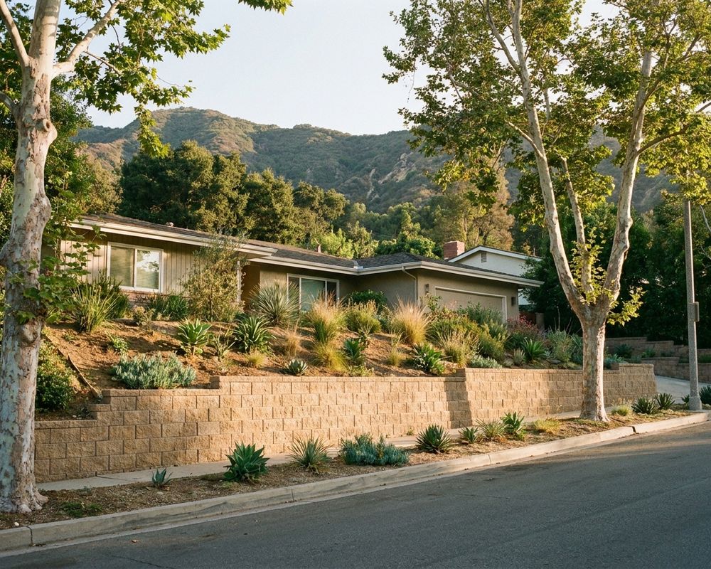 Two-tier tan block retaining wall holding a planted bank below a mid-century home on a Studio City street — retaining wall installation in Studio City