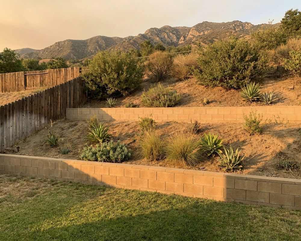 Three low block retaining walls stepping a long Tarzana back garden into planted terraces below the ridge — retaining wall installation in Tarzana