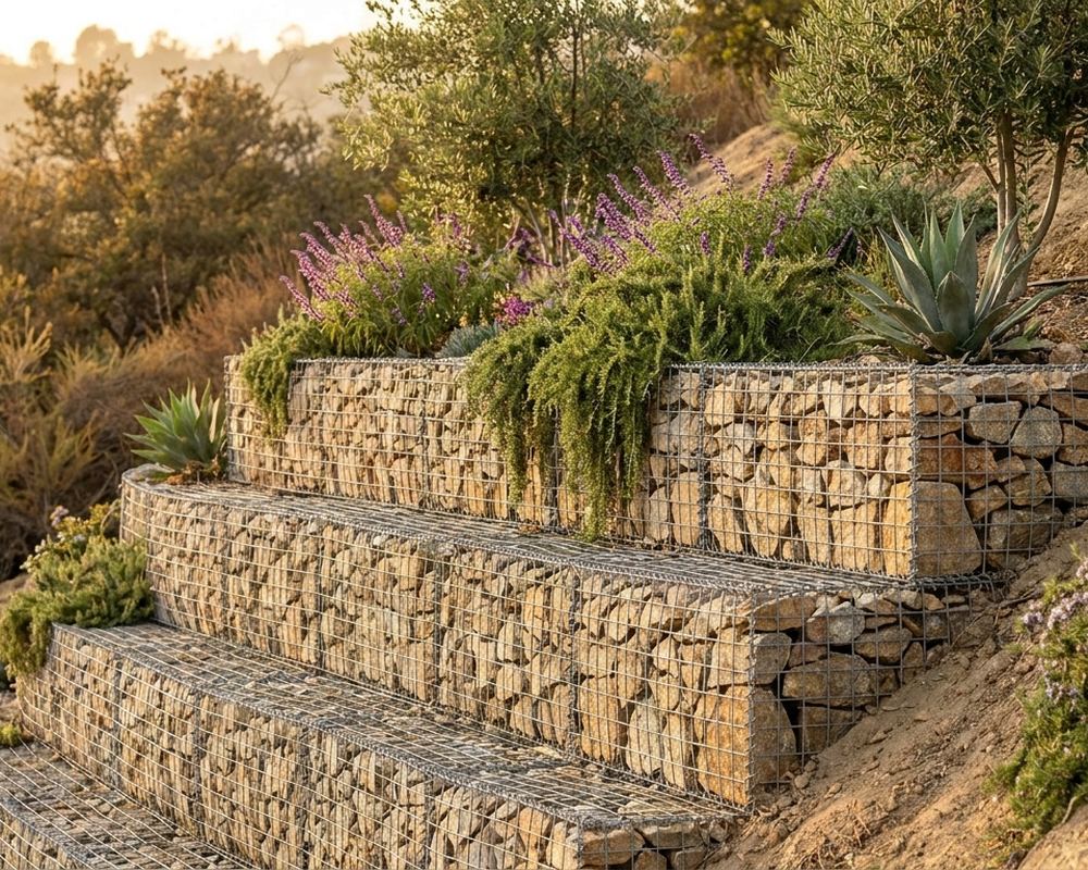 Tiered gabion retaining wall of rock-filled wire baskets on a hillside — retaining wall installation in Thousand Oaks