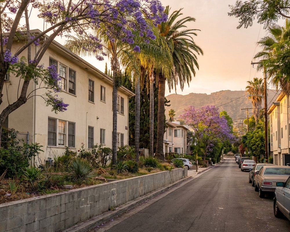 Low concrete block retaining wall along a narrow front garden on a dense West Hollywood street beneath flowering jacaranda — retaining wall installation in West Hollywood