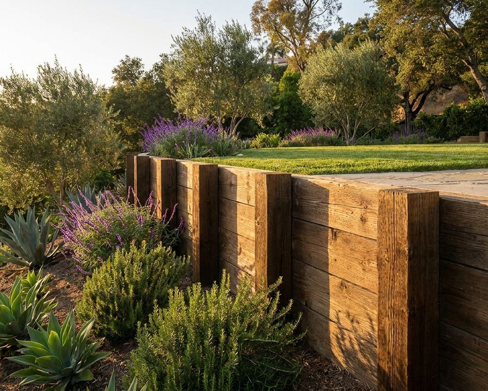 Pressure-treated timber retaining wall on posts holding a planted slope — retaining wall installation in Woodland Hills